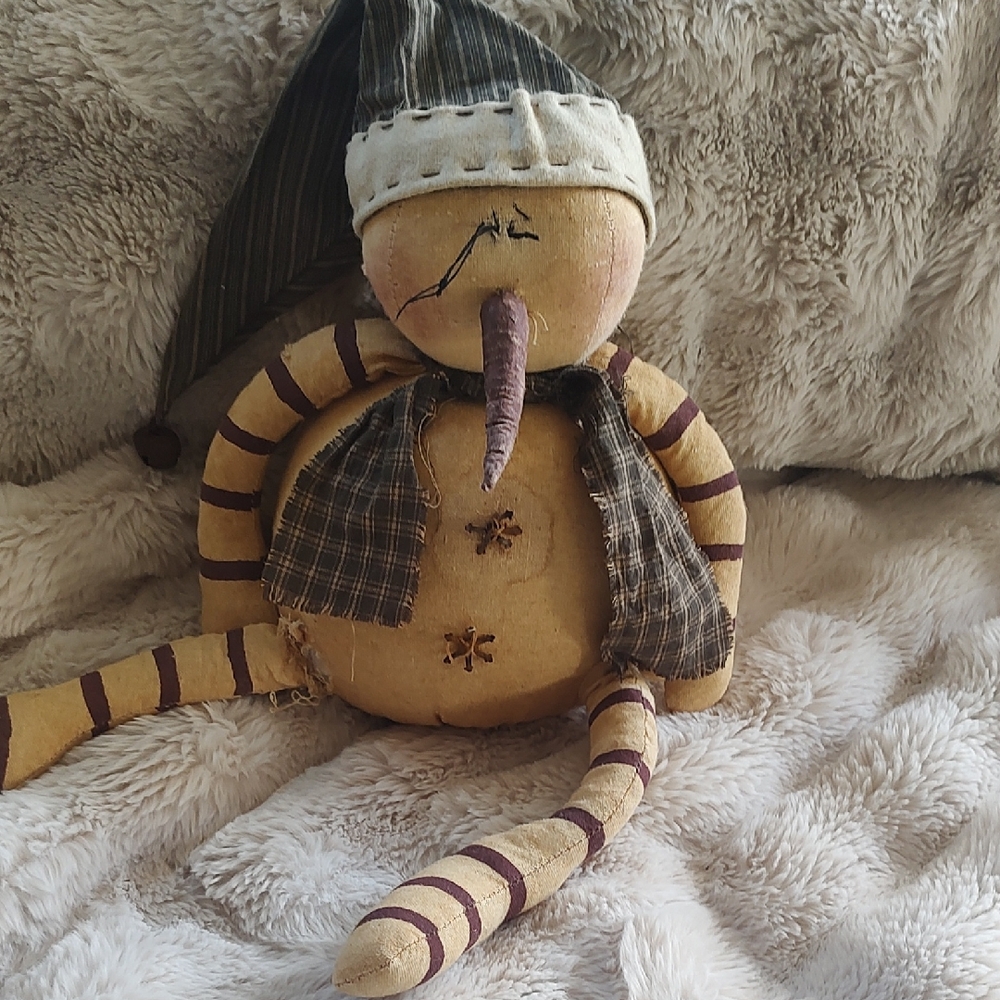 Rustic Fabric Snowman with Striped Hat and Scarf